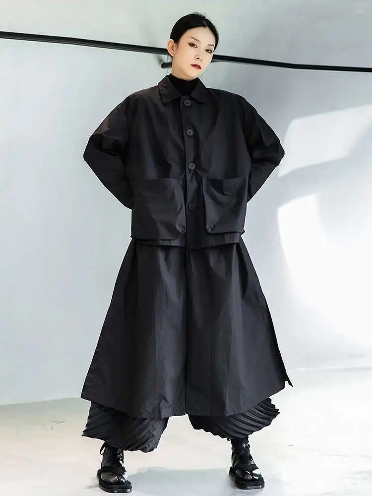 Women Black Big Size Long Pocket Trench New Lapel Long Sleeve Loose Fit Windbreaker Fashion Spring Autumn 2025 1DE3081