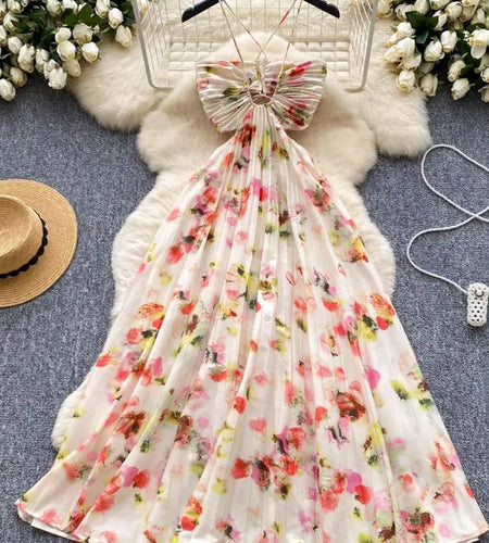 Summer New French Women's Beige Floral Temperament Pleated Slip Dress Vintage Elegant Hollow Out Backless Evening Dress Bohemian