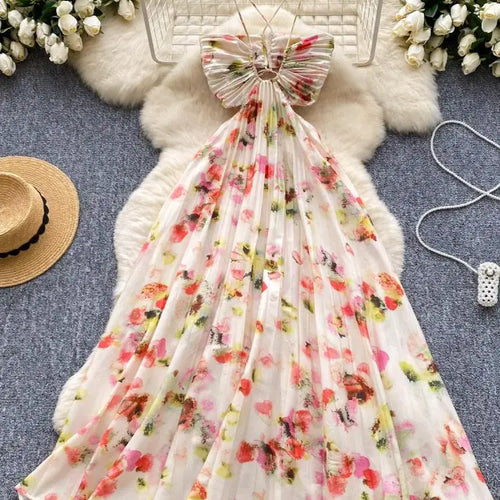 Load image into Gallery viewer, Summer New French Women's Beige Floral Temperament Pleated Slip Dress Vintage Elegant Hollow Out Backless Evening Dress Bohemian
