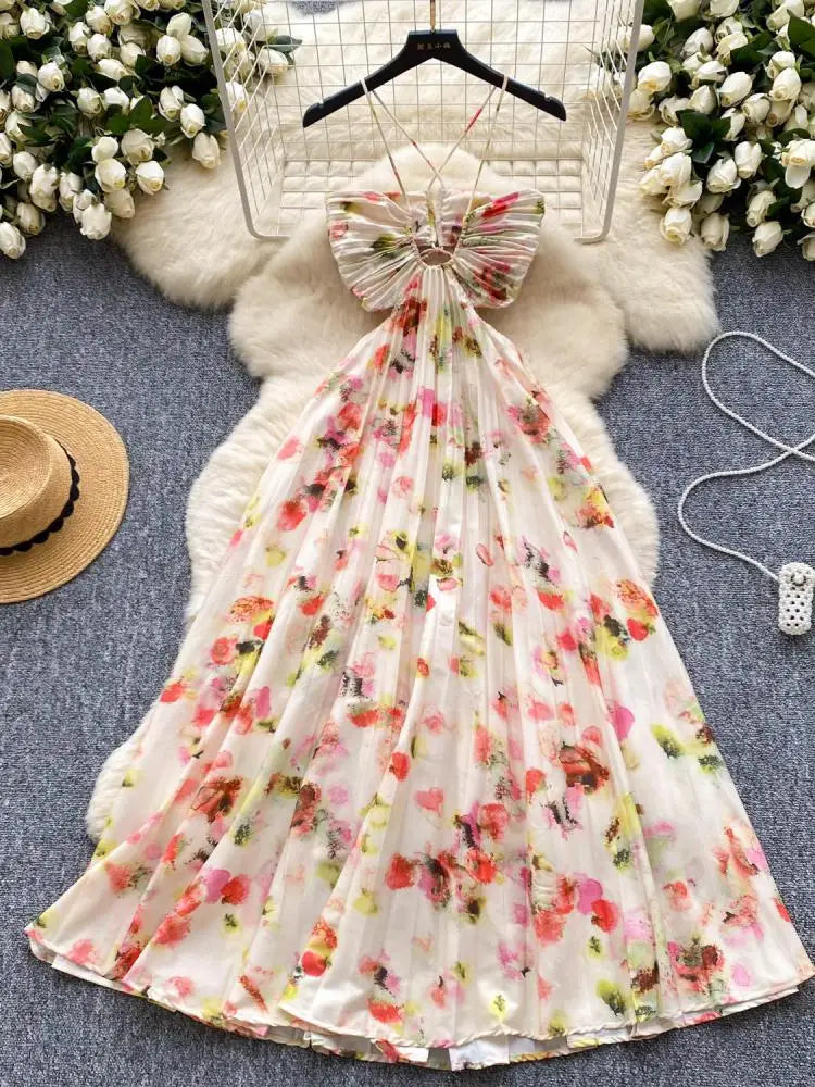 Summer New French Women's Beige Floral Temperament Pleated Slip Dress Vintage Elegant Hollow Out Backless Evening Dress Bohemian