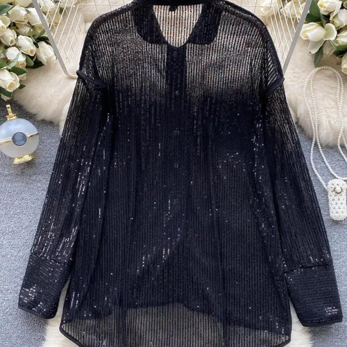 Load image into Gallery viewer, Autumn Solid Lantern Long Sleeve Sequin Shirt Women Fashion Clothing Vintage Loose Versatile Single Breasted Medium Length Tops
