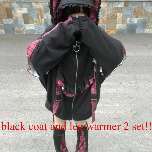 Load image into Gallery viewer, Y2k Aesthetic Lace Ruffle Plaid Hoodies Thick Y2k Jacket Women Kawaii Streetwear Harajuku Coats Casual Loose Grunge Kawaii Coats
