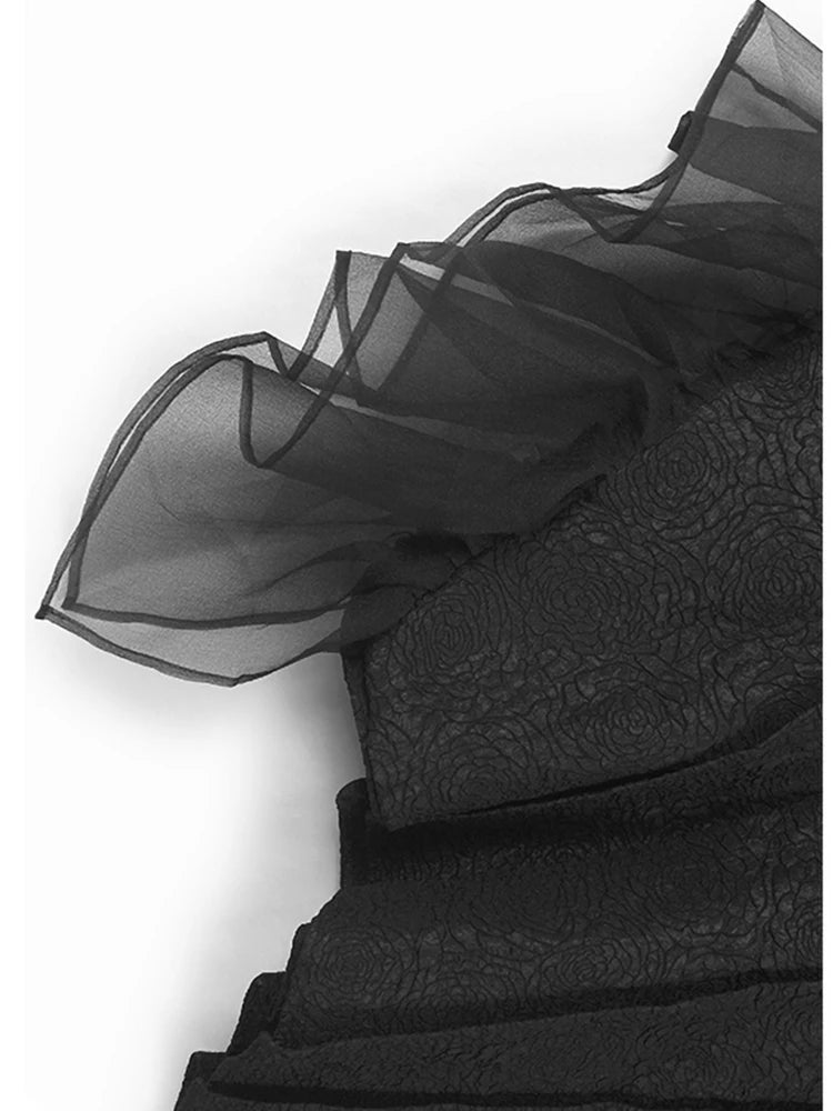 Women Black Three-dimensional Flower Big Size Midi Dress New Round Neck Half Sleeve Fashion Spring Autumn 2025  1DJ1104