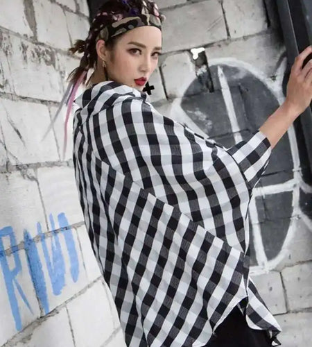 Women Black Plaid Irregular Big Size Blouse New Slash Neck Long Sleeve Loose Fit Shirt Fashion Spring Autumn 2025 1DF4744