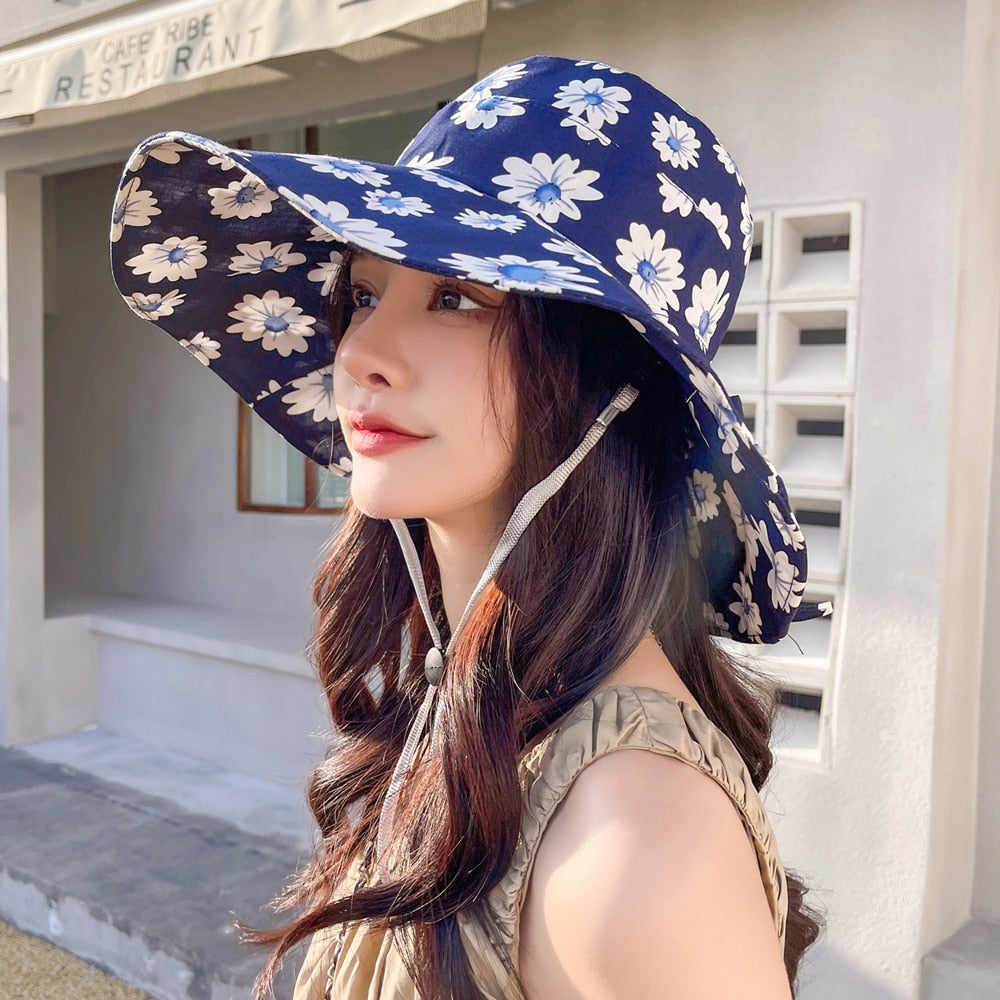 Summer Hats For Women Fashion Wide Brim Daisy Flower Print Design Sun Hat Sun Protection Travel Beach Bucket Hat