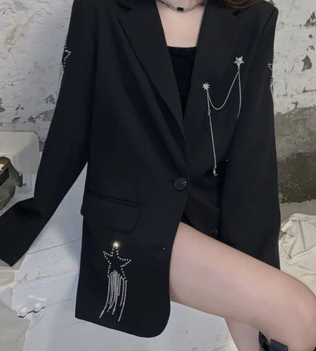 Harajuku Black Blazer Coat Women Chain Patchwork Star Rhinestones Punk Gothic Jackets Korean Fashion Streetwear Kurtka