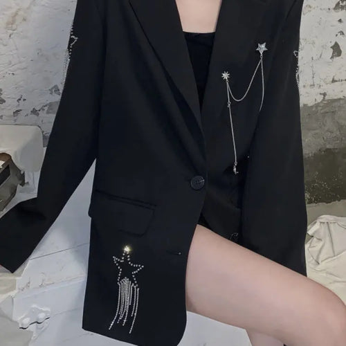 Load image into Gallery viewer, Harajuku Black Blazer Coat Women Chain Patchwork Star Rhinestones Punk Gothic Jackets Korean Fashion Streetwear Kurtka
