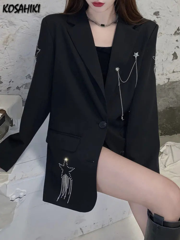 Harajuku Black Blazer Coat Women Chain Patchwork Star Rhinestones Punk Gothic Jackets Korean Fashion Streetwear Kurtka