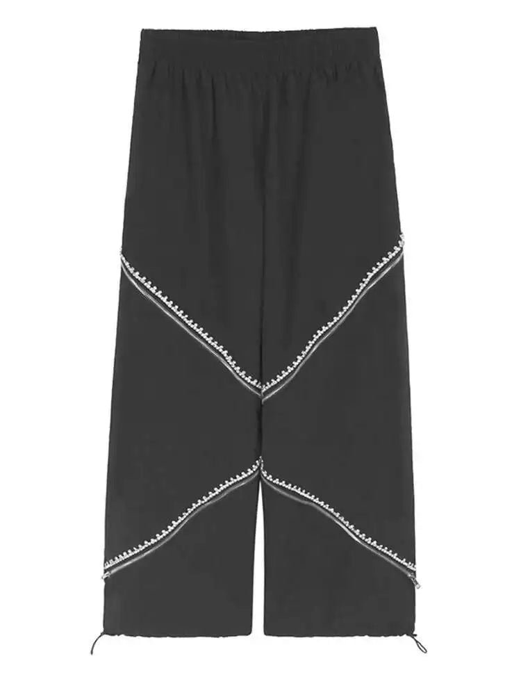 High Elastic Waist Black Rhinestones Zipper Wide Leg Pants New Trousers Women Fashion Tide Spring Autumn 2025 1DJ0190