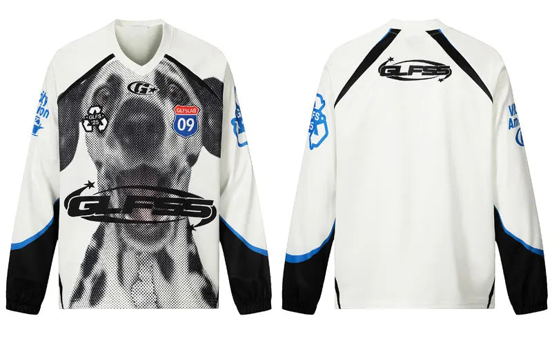 Vintage T-Shirt Y2K Grunge Dog Graphic Printed Sport Patchwork Long Sleeve Tshirt Streetwear Hip Hop Harajuku Casual Loose Shirt