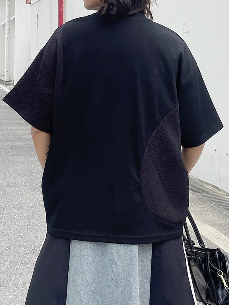 Women Black Splice Color-block Big Size Casual T-shirt New Round Neck Short Sleeve Fashion Tide Spring Summer 2025 1DJ0603