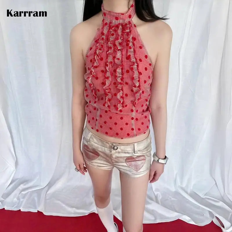 Y2k Aesthetics Red Halter Tops Vintage 2000s Style Polka Dot Camisole Japanese Harajuku Backless Tank Top Korean Popular