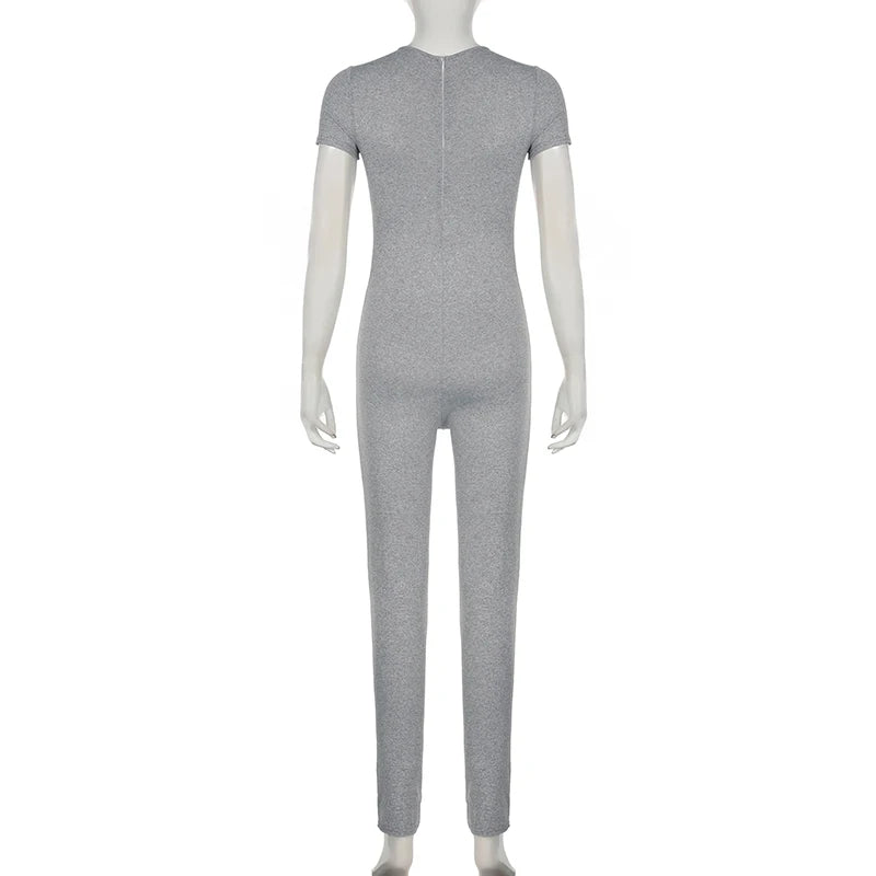 Casual Grey Sportswear Skinny Summer Jumpsuit Women Basic Bodycon Playsuit Streetwear One Pieces Rompers Short Sleeve