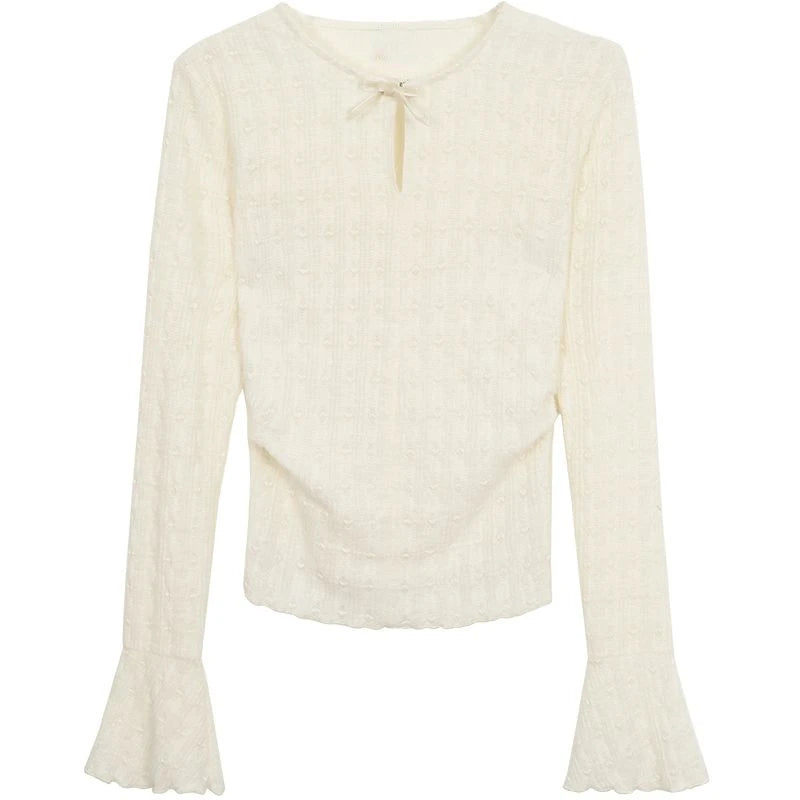 Y2k Aesthetic Hollow Out Bow T-shirts Fairy Grunge Embroidery Knitted Slim Fit Streetwear Crop Tops Women Harajuku Ruffled Tee