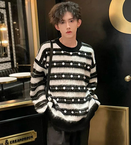 Round Collar Male Sweaters Striped Button Decoration Casual Contrast Color Men's Knitting Pullovers Autumn Tide 9C4679