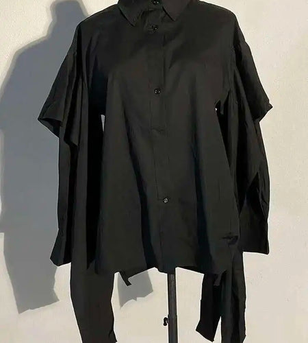 Women Black Irregular Ribbon Ribbon Big Size Blouse New Lapel Long Sleeve Shirt Fashion Tide Spring Autumn 2025 SG359