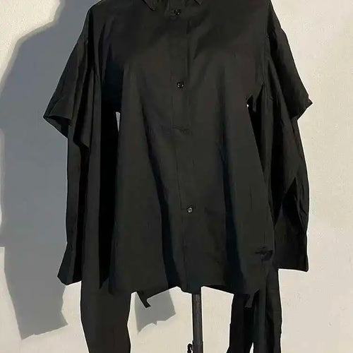 Load image into Gallery viewer, Women Black Irregular Ribbon Ribbon Big Size Blouse New Lapel Long Sleeve Shirt Fashion Tide Spring Autumn 2025 SG359
