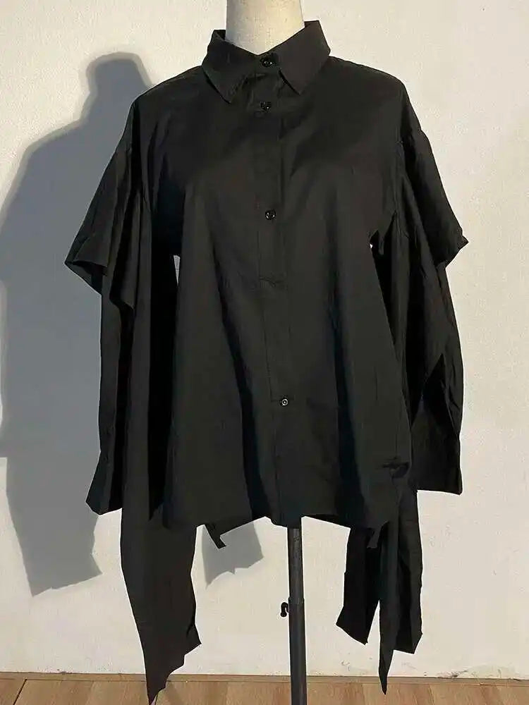 Women Black Irregular Ribbon Ribbon Big Size Blouse New Lapel Long Sleeve Shirt Fashion Tide Spring Autumn 2025 SG359