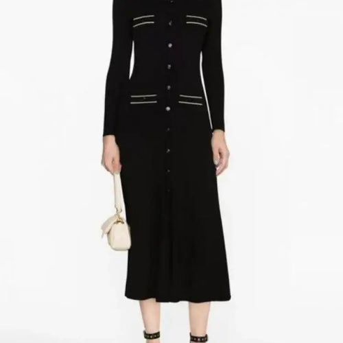 Load image into Gallery viewer, Korean Fashion Women's Black Patchwork Long Sleeve Ruffles Neck Knitted Dress 2024 Autumn Winter Retro New Single Breasted Dress
