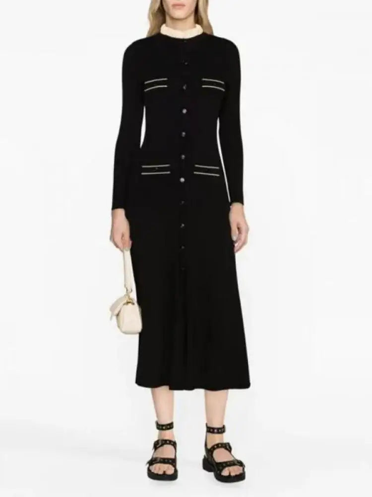 Korean Fashion Women's Black Patchwork Long Sleeve Ruffles Neck Knitted Dress 2024 Autumn Winter Retro New Single Breasted Dress