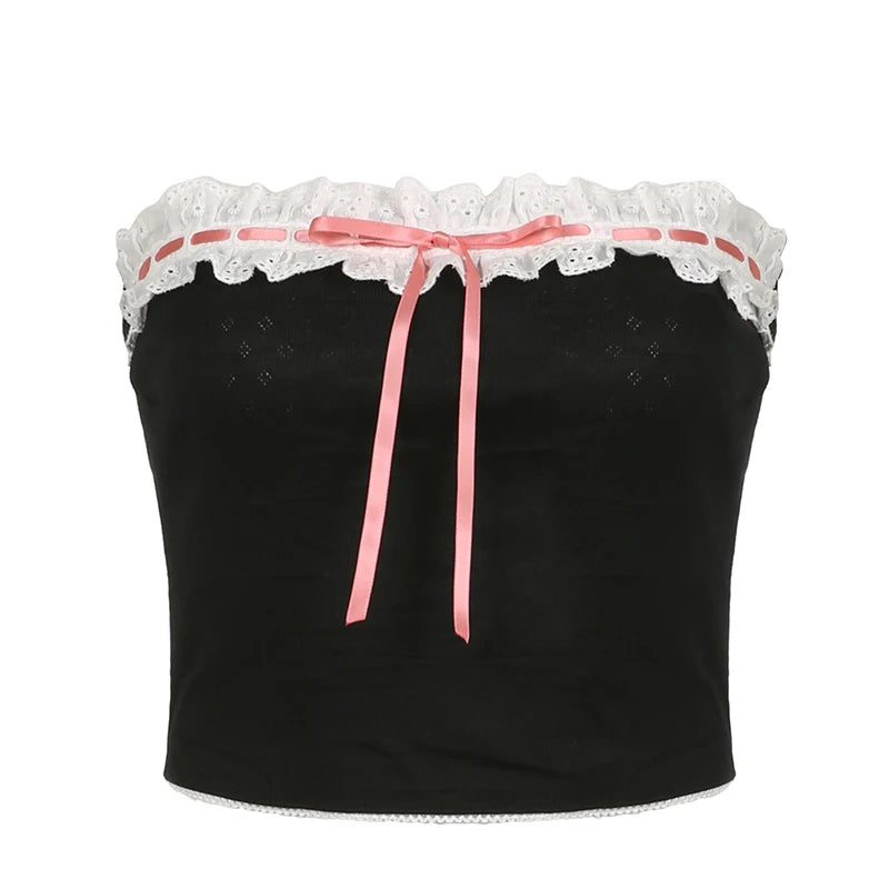 Y2K Aesthetic Cute Jacquard Summer Female Tube Top Bandeau Knitted Bow Lace Patchwork Ruffles Mini Cropped Top Kawaii