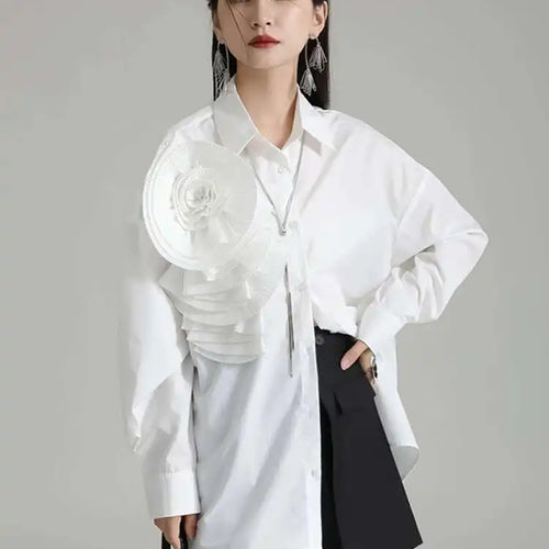 Load image into Gallery viewer, Women Blue Pleated Flower Big Size Blouse New Lapel Long Sleeve Loose Fit Shirt Fashion Tide Spring Autumn 2025 1DH0316
