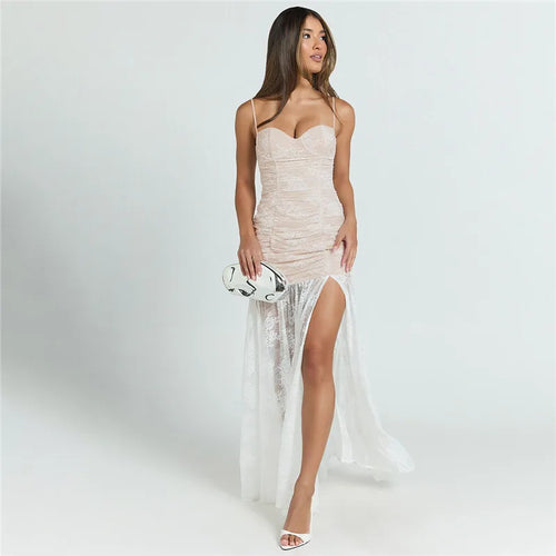 Load image into Gallery viewer, Spaghetti Strap Lace Sexy Maxi Dress For Women Gown Black Sleeveless Backless Thigh High Split Bodycon Long Dress
