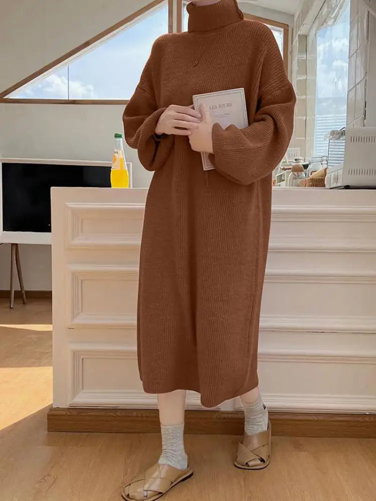 Fall Winter Knit Rib Wrap Midi Pencil Dress For Women Casual Simple Style Long Sleeve Turtleneck Sweater Dresses For Women 2023