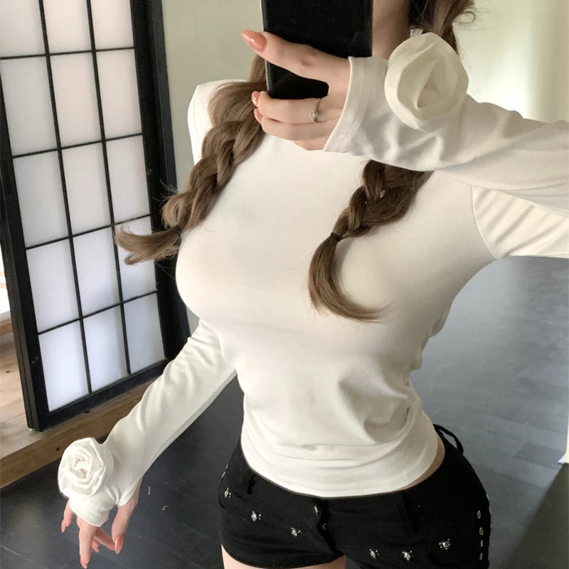 y2k Aesthetic Tops Women Clothes Solid Color Round Neck Long Sleeve T Shirt with 3D Flower 2000s Clothing Club Wear