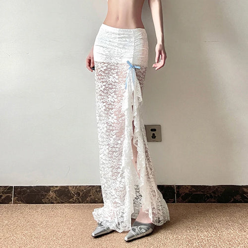 Load image into Gallery viewer, Asymmetrical Fashion White Lace Skirt Women Bow Ruffles See Through Split Korean Style Party Long Skirt Sexy Bottoms
