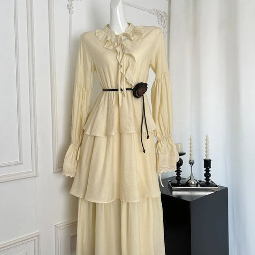 Load image into Gallery viewer, French Fashion Women's Beige Lace Long Sleeve Ruffles Lace-up Dress 2024 Autumn Vintage New High Waist Pleated Cake Dress Simple
