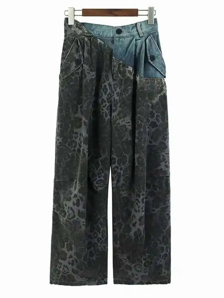High Elastic Waist Green Leopard Print Denim Long Wide Leg Pants New Trousers Women Fashion Spring Autumn 2025 1DH6193