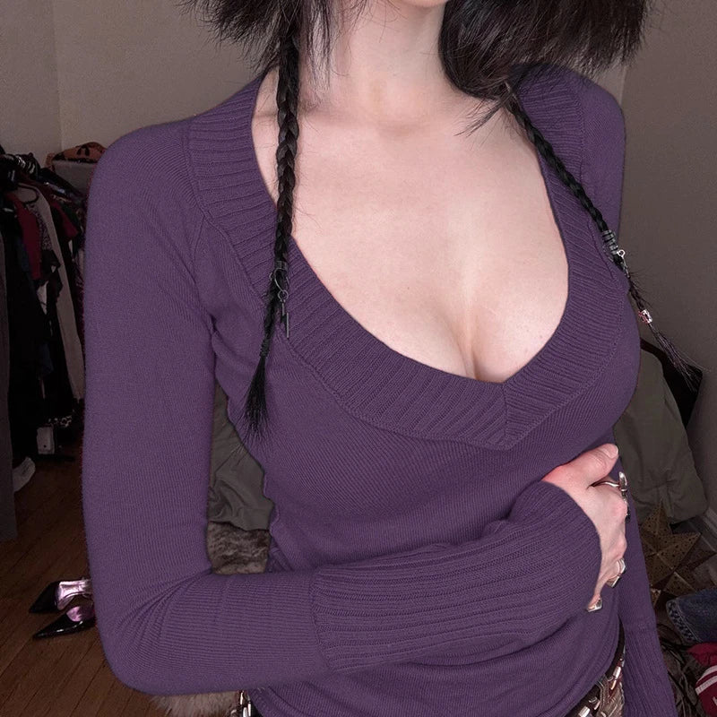 2025 Harajuku Purple Knitted Autumn T-shirts Women Y2k Aesthetic Bodycon Grunge Tees Vintage A Deep V-Neck Sexy Fairy Tshirt