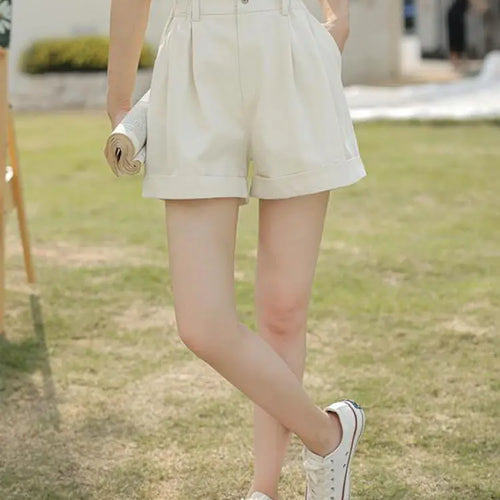 Load image into Gallery viewer, Spring Summer High Waist Solid Student Cotton Shorts Women Fashion Casual Versatile Button Pleated Short Pants Simplicity Korean
