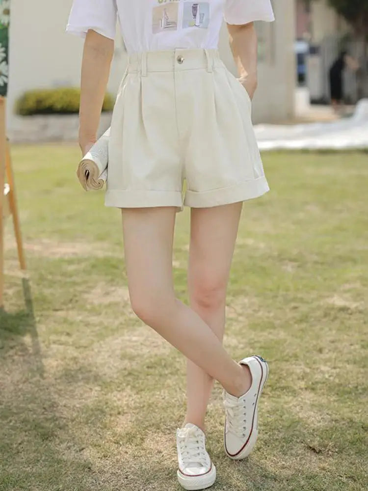 Spring Summer High Waist Solid Student Cotton Shorts Women Fashion Casual Versatile Button Pleated Short Pants Simplicity Korean