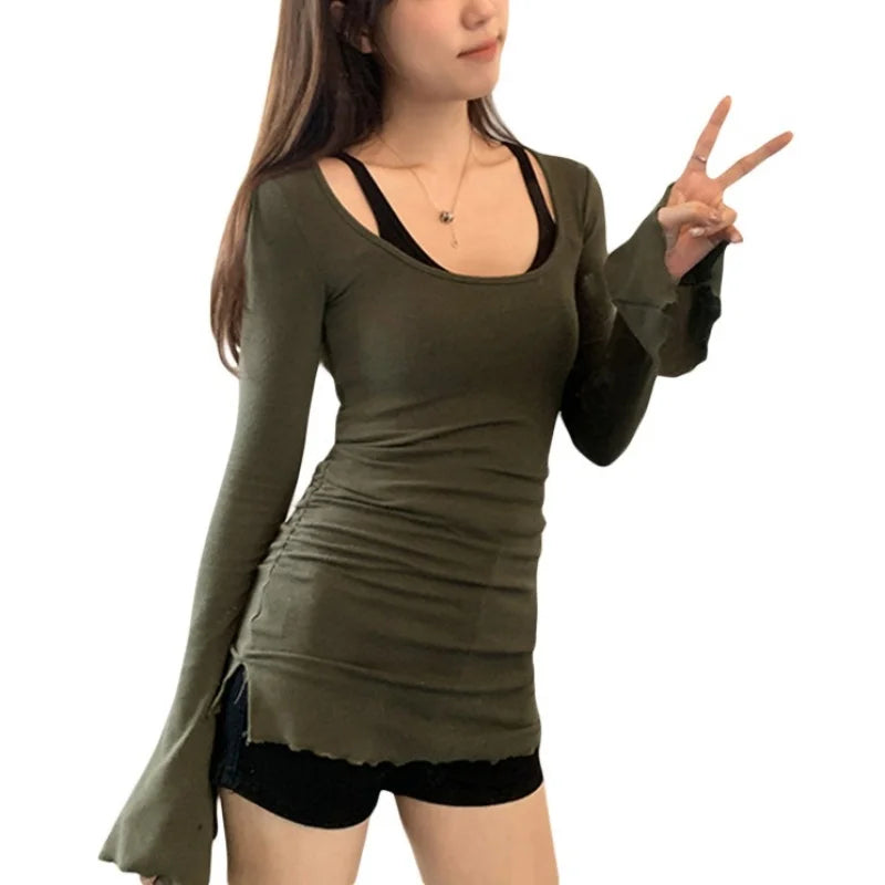 y2k Tops for Women Aesthetic Clothing Solid Color Round Neck Flared Long Sleeve T Shirts 2000s Clothes Streetwear