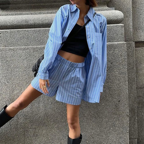 Load image into Gallery viewer, Casual Harajuku Striped Women&#39;s Autumn Set Long Sleeve Shirt+Shorts Oversized Streetwear Two Pieces Fashion Outfits
