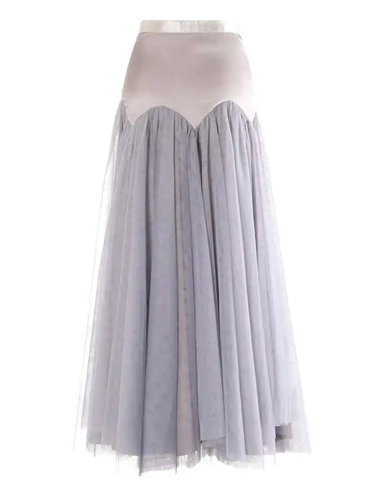 High Waist Gray Mesh Color-block Spliced Elegant A-line Half-body Skirt Women Fashion Tide New Spring Autumn 2025 1DH9838