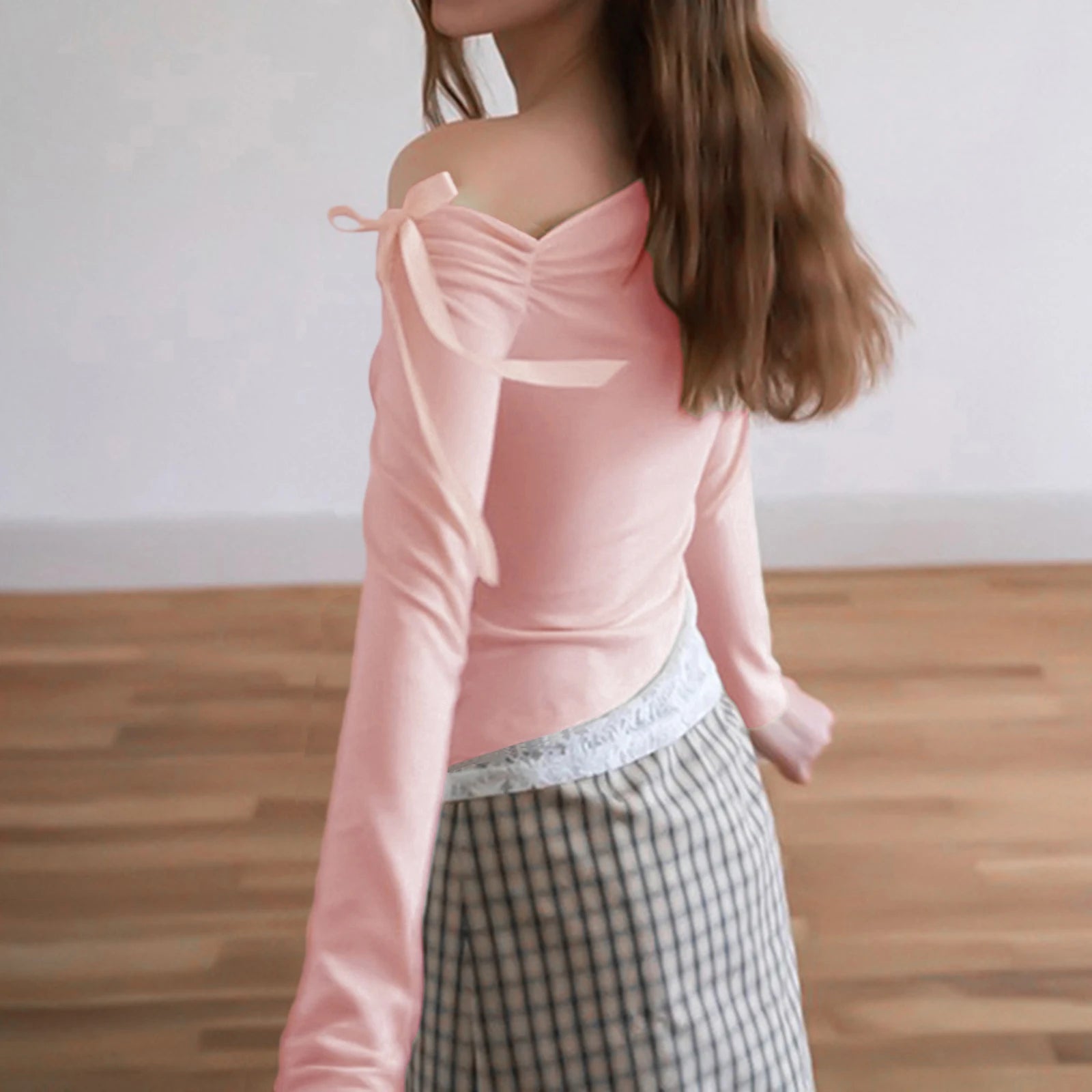 Coquette Crop Tops y2k Women Clothing Bow Lace Patchwork Off Shoulder Long Sleeve T Shirts 2000s Clothes Streetwear