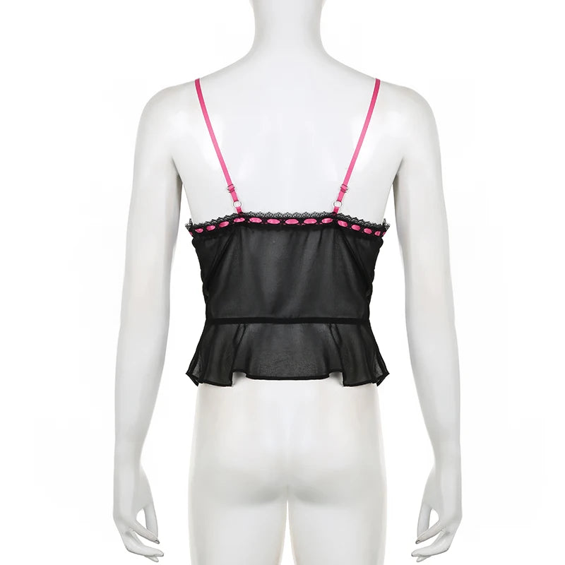 Strap Fashion Chic Chiffon Top Cropped Spliced Y2K Sexy Summer Crop Top Female See Through Tie Up Shirring Outfits