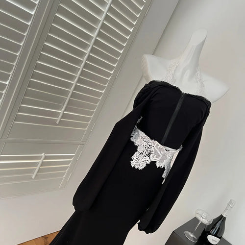 Load image into Gallery viewer, Spring Women&#39;s Black Patchwork Lace Hooded Zipper Halter Short Tops And High Waist Fishtail Skirt Festival Two Piece Set Popular
