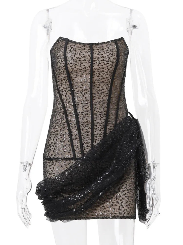 Elegant Strapless Skinny Sexy Mini Dress For Women Fashion Off-shoulder Backless Sleeveless Lace-up Club Party Dress