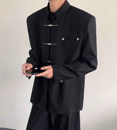Men's Blazers New Chinese Stylish Stand Collar Style Metal Buckle Shoulder Male Shoulder Pad Clothing Spring 2025 9W1382