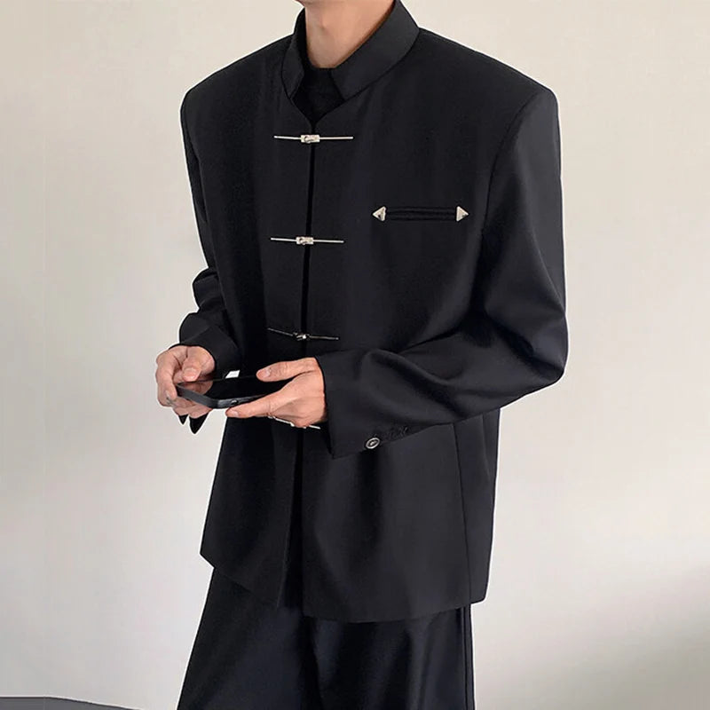 Men's Blazers New Chinese Stylish Stand Collar Style Metal Buckle Shoulder Male Shoulder Pad Clothing Spring 2025 9W1382
