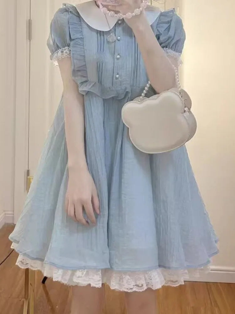 Kawaii Lolita Dress School Preppy Japanese Sweet Ruffles Lace Cute Peter Pan Collar Puff Sleeve Party Short Dresses