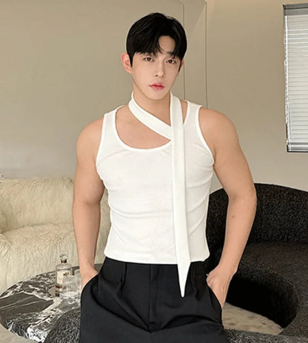 Niche Men's Casual Tank Tops Slim Sleeveless O-neck Solid Color Male Top New Chic Summer Neck Ribbon Design 9C6196