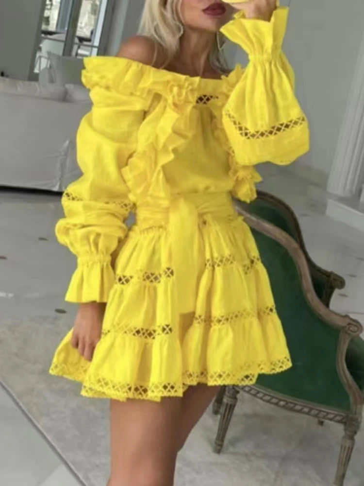 Casual Solid Mini Dress For Women Slash Neck Long Sleeve Cut Out High Waist Lace Up Patchwork Lace Dresses Female 2022 Style