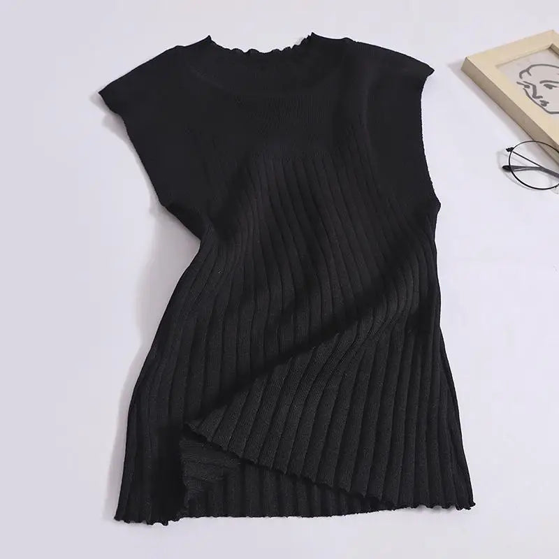 Korean Women Solid Striped Round Neck Knitted Vest 2024 Summer Sleeveless Basic Pullover Tank Tops Versatile Streetwear clothes