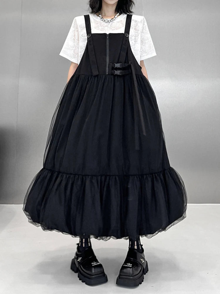 Women Black Buckle Mesh Big Size Midi Strap Dress New Square Collar Sleeveless Fashion Tide Spring Autumn 2025 1DJ1426