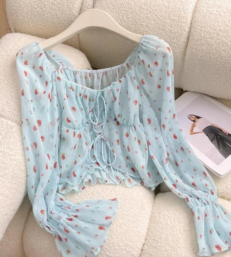 French Vintage Women's Blue Strawberry Print Blouse Spring Autumn Flared Long Sleeves Square Neck Ladies Lace-up Short Shirt New